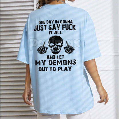 "FUCK IT ALL" Defiant Skeleton T-Shirt - Men's Sarcastic Slogan Tee, Dark Humor Graphic Apparel, Rebellious Attitude Streetwear