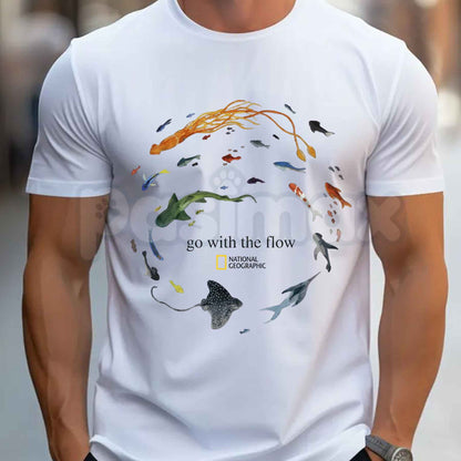 Marine Animals Go With The Flow T-Shirt – Ocean Sea Life Graphic Tee, Cute Sea Turtle & Whale Gift Shirt for Men & Women