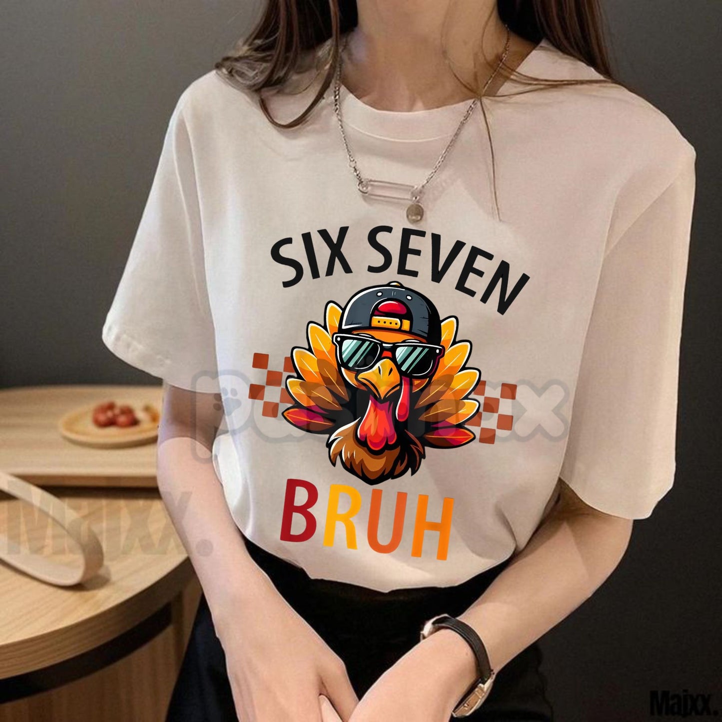 "Six Seven Bruh" 6 7 Meme Turkey Thanksgiving T-Shirt - Viral Holiday Kids/Boy/Girl Tee, Funny Turkey Day Slogan, Trending Humor Apparel