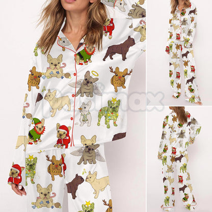 Christmas French Bulldog Satin Pajama Set for Women - Comfy Silky Sleepwear & Loungewear PJs