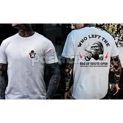 "Who Left The Bag Of Idiots Open" Funny T-Shirt - Monkey Graphic Tee, Sarcastic Menswear Top
