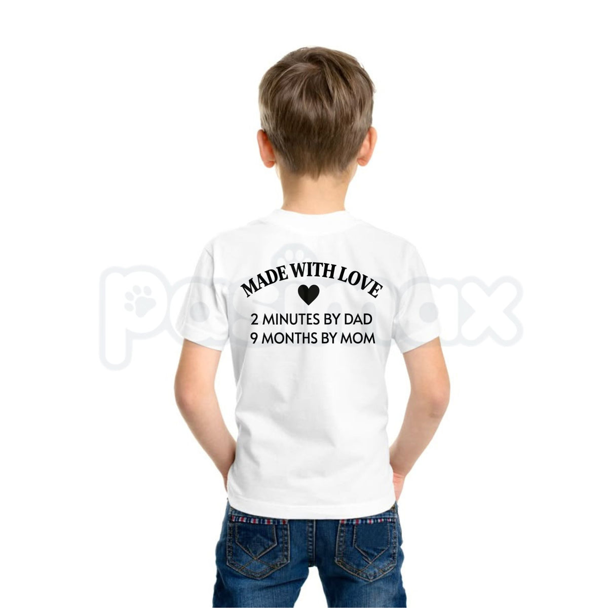 Made With Love 2 Minutes By Dad T-Shirt – Funny Sarcastic Dad Humor Kid Tee