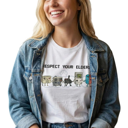 Funny "Respect Your Elders" Retro Gamer T-Shirt - Vintage Controller History Tee, Old School Gamer Gift, Classic 8-Bit & 16-Bit Nostalgia Shirt