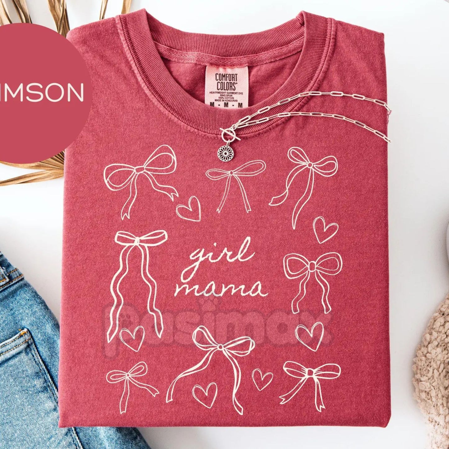 Comfort Colors® Script Girl Mama Heart T-Shirt – Retro Minimalist Bow Tee, Dainty Ribbon Motherhood Shirt, Aesthetic Gift for Girl Mom