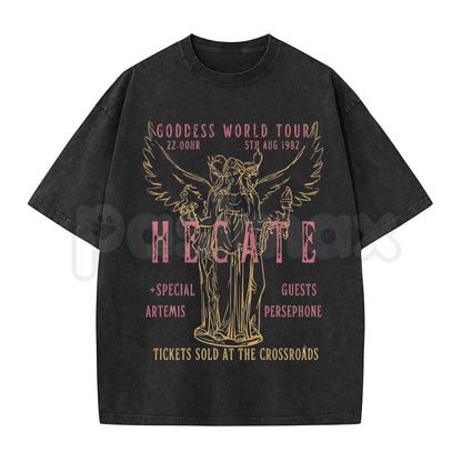 Hecate Goddess World Tour Outfit T-Shirt – Dark Academia Gothic Mythology Graphic Tee, Vintage Acid Washed Lightweight Cotton Unisex Witchy Top