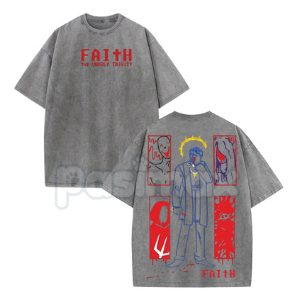FAITH Horror Game Vintage Washed Tee – 8-Bit Retro Unholy Trinity Heavyweight Cotton T-Shirt