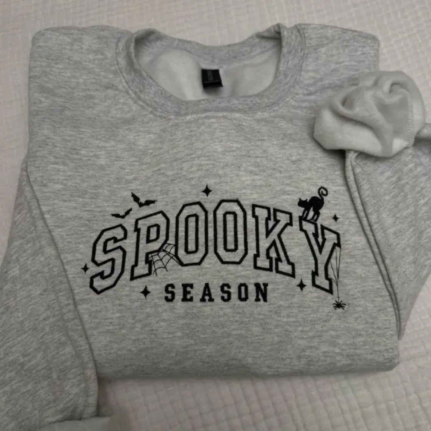 Spooky Season Halloween Cat Bats Spiderweb Embroidered Spooky Season Sweatshirt