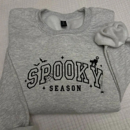 Spooky Season Halloween Cat Bats Spiderweb Embroidered Spooky Season Sweatshirt