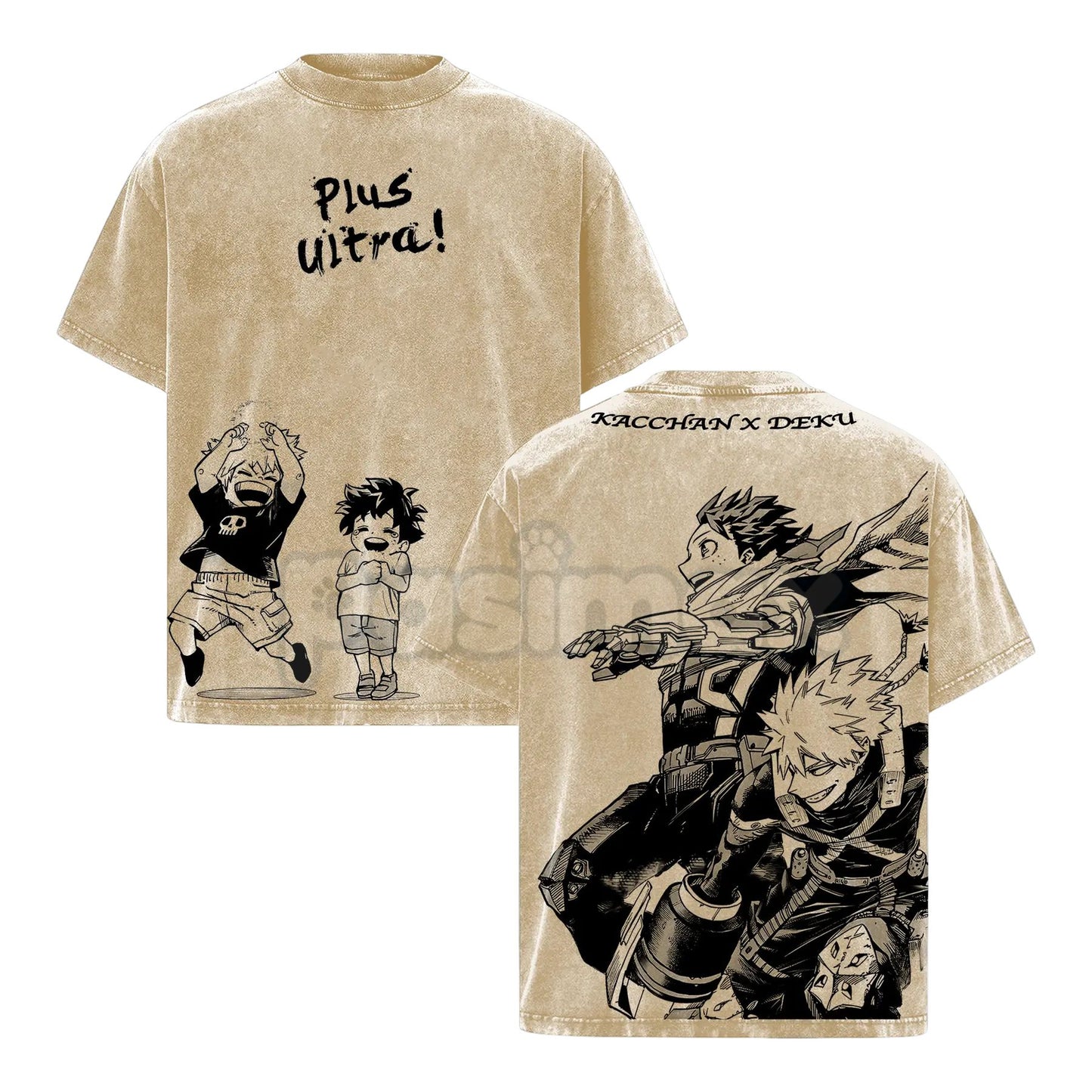 Deku & Bakugo Vintage Oversize Washed T-Shirt – My Hero Academia Heavy Cotton Graphic Tee, Retro Anime Streetwear