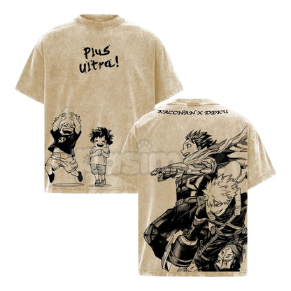Deku & Bakugo Vintage Oversize Washed T-Shirt – My Hero Academia Heavy Cotton Graphic Tee, Retro Anime Streetwear