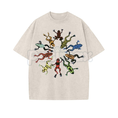 Dancing Frog Feast Print T-Shirt – Retro Cottagecore Amphibian Graphic Tee, Lightweight Vintage Washed Cotton Whimsical Top
