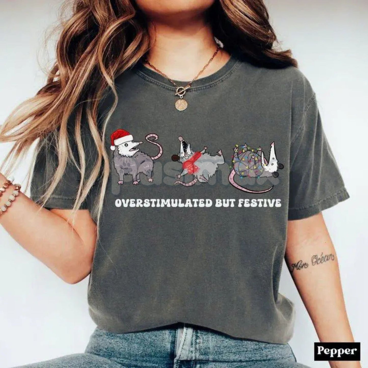 Comfort Colors® 'Overstimulated But Festive' Possum Christmas Shirt – Funny Holiday Possum Tee, Vintage Christmas Shirt