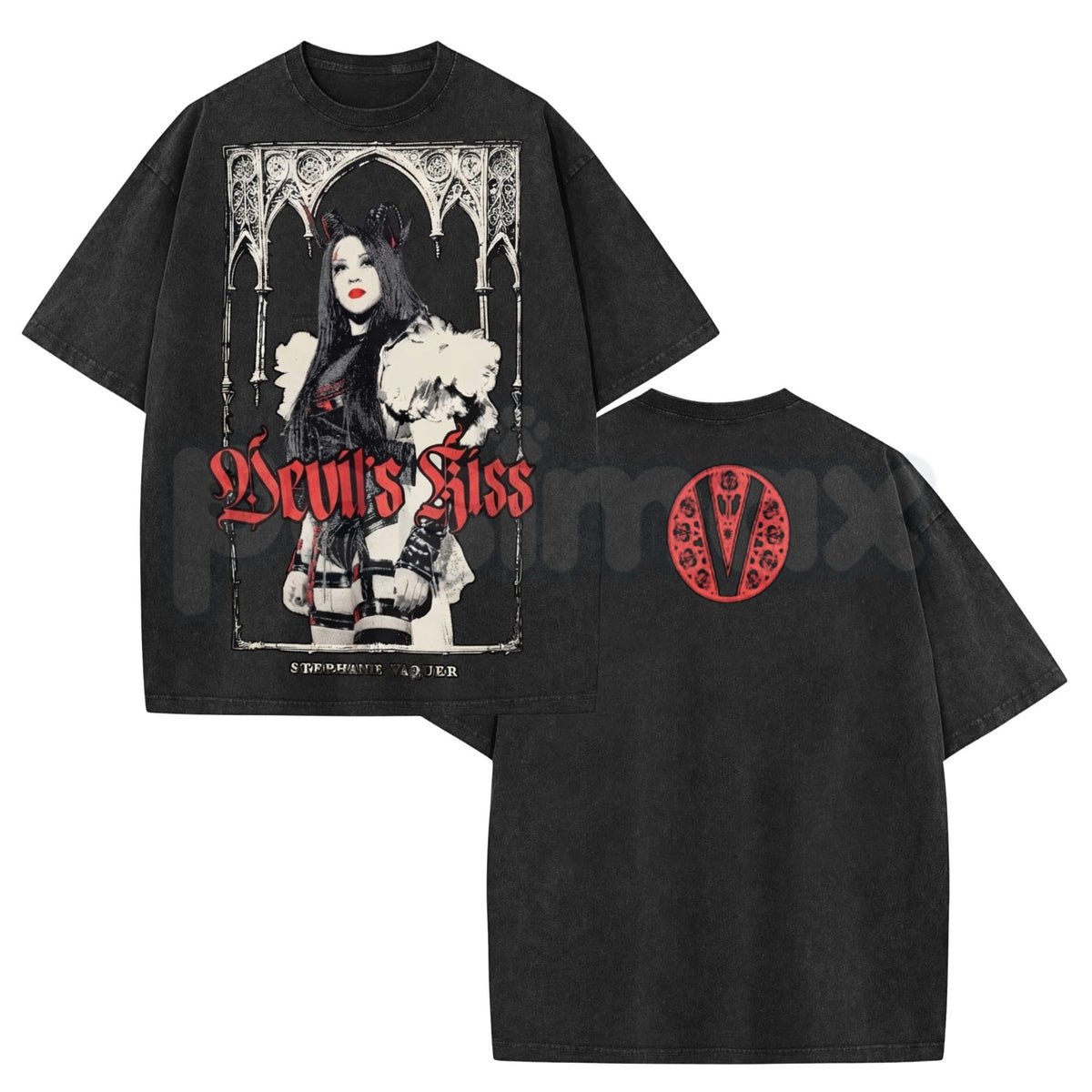 Ripple Junction Black Stephanie Vaquer Devil's Kiss Medieval Gothic Arch Graphic Washed T-Shirt – Retro Wrestling Shirt, Vintage Acid Wash Lightweight Cotton Unisex Top