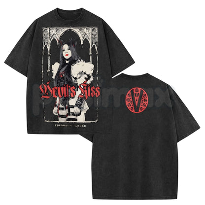 Ripple Junction Black Stephanie Vaquer Devil's Kiss Medieval Gothic Arch Graphic Washed T-Shirt – Retro Wrestling Shirt, Vintage Acid Wash Lightweight Cotton Unisex Top
