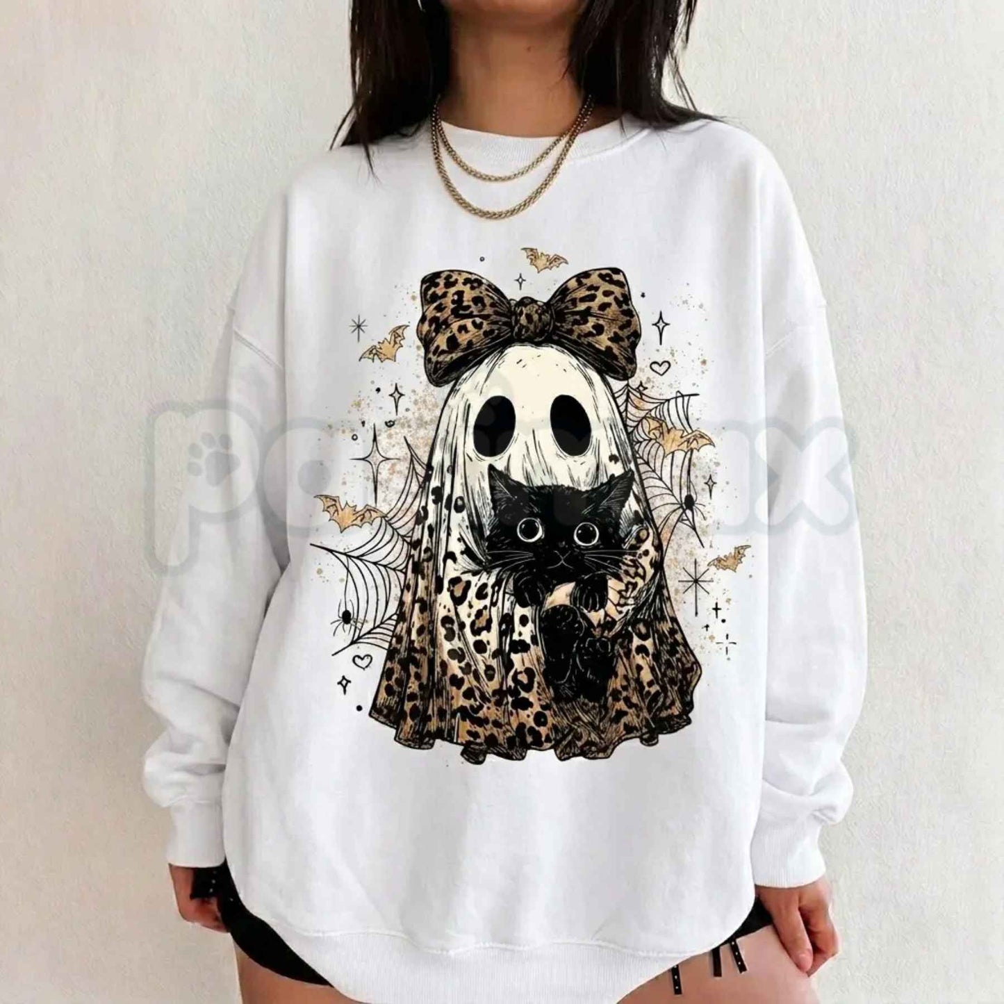 Leopard Ghost Cat Halloween Sweatshirt | Cute Spooky Cat Shirt