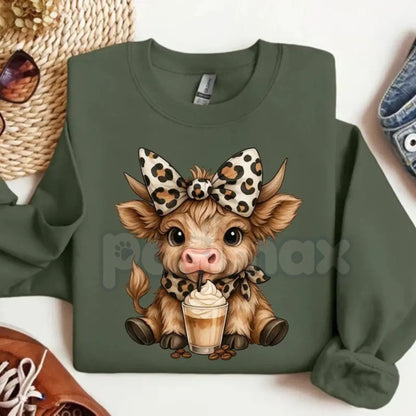 Highland Cow Iced Coffee Sweatshirt | Cute Cow with Leopard Bow & Scarf Jumper | Trendy Cattle Lover Gift | Cozy Farmhouse Crewneck