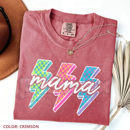 Comfort Colors® Lightning Checkered Neon Mama T-Shirt – Retro Neon Bolt Mom Tee, Aesthetic Checkered Mama Graphic Shirt, Trendy Mother’s Day Gift