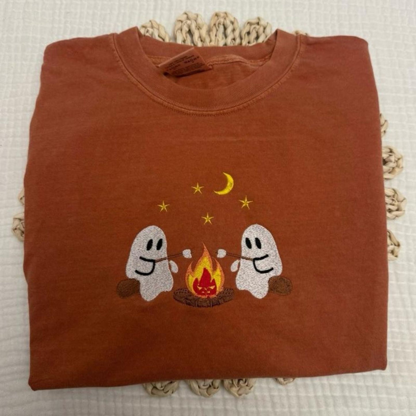 Haunted Campsite Embroidered Comfort Colors T-Shirt – Unique Halloween Ghost Tee