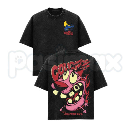 Courage the Cowardly Dog Vintage Washed Shirt & Oversized Hoodie – Retro Cartoon Horror Graphic Tee, Acid Wash Lightweight Cotton Unisex Streetwear Top