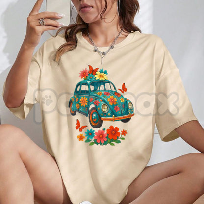 Women's Turquoise Floral Graphic T-Shirt – Aesthetic Botanical Short Sleeve Tee, Premium 100% Cotton Boho Flower Top, Soft Lived-In Heavyweight Southwest Style Shirt, Made in USA