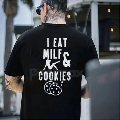 "I Eat Milf & Cookies" Funny T-Shirt - Humorous Sarcastic Graphic Tee, Naughty Christmas & Holiday Party Shirt, Premium Heavyweight Basic Cotton Crewneck, Adult Humor Gift for Men, Provocative Viral Meme Streetwear