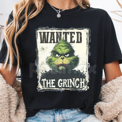 Wanted Grinch Graphic T-Shirt - Dr. Seuss Funny Christmas Tee, Holiday Curmudgeon Apparel, Unisex Whoville Slogan Shirt