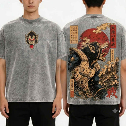 Unisex Great Ape Oozaru Saiyan Vintage Washed T-Shirt – Retro Anime DBZ Graphic Tee, Distressed Acid Wash Lightweight Cotton Streetwear Top