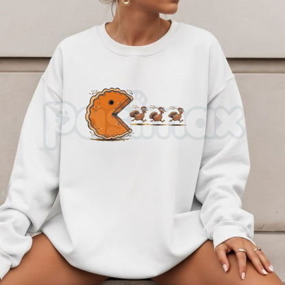 Funny Pumpkin Pie Chasing Turkeys Sweatshirt | Thanksgiving Holiday Graphic Crewneck