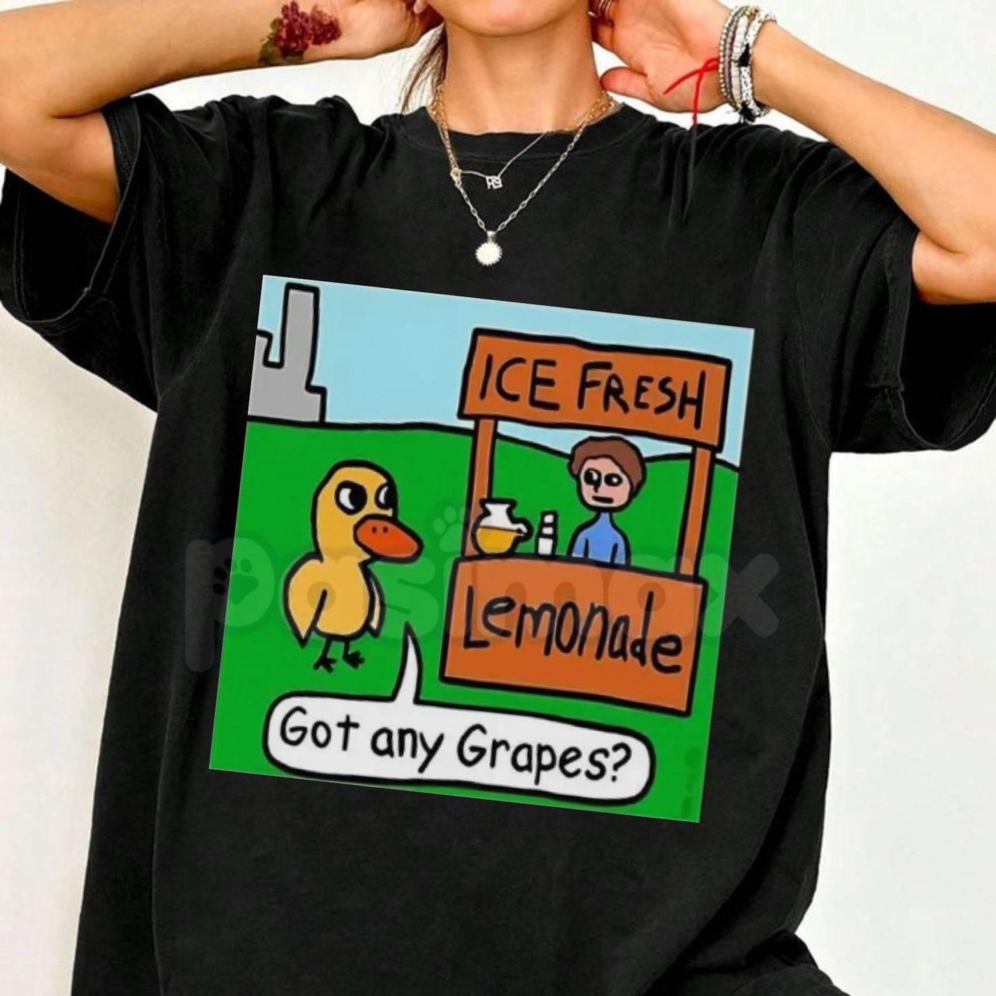 Humorous Duck "Got Any Grapes?" T-Shirt - Funny Viral Internet Meme Graphic Tee, Premium 100% Cotton Lemonade Stand Top, Cute Sarcastic Duck & Grapes Shirt, Nostalgic Web Animation Gift, Soft Lived-In Unisex Casual Apparel