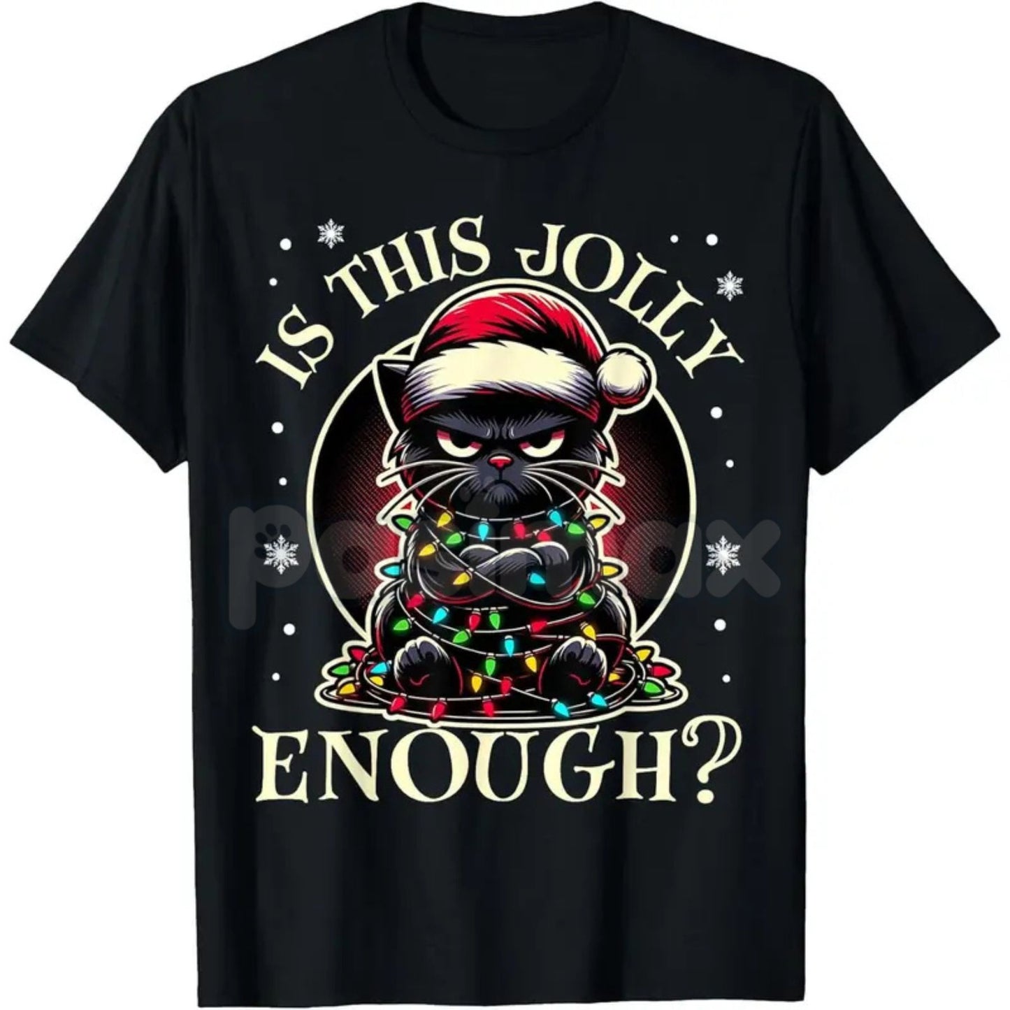 "Is This Jolly Enough" Funny Black Cat Christmas T-Shirt - Cat Tangled in Lights Meme Tee, Sarcastic Holiday Pet Owner Gift, Feline Christmas Chaos Apparel