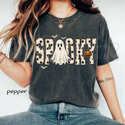 Comfort Colors® Retro Spooky Halloween Ghost T-Shirt – Preppy White Dots Spooky Season Graphic Tee, Cozy Fall Unisex Top & Gift