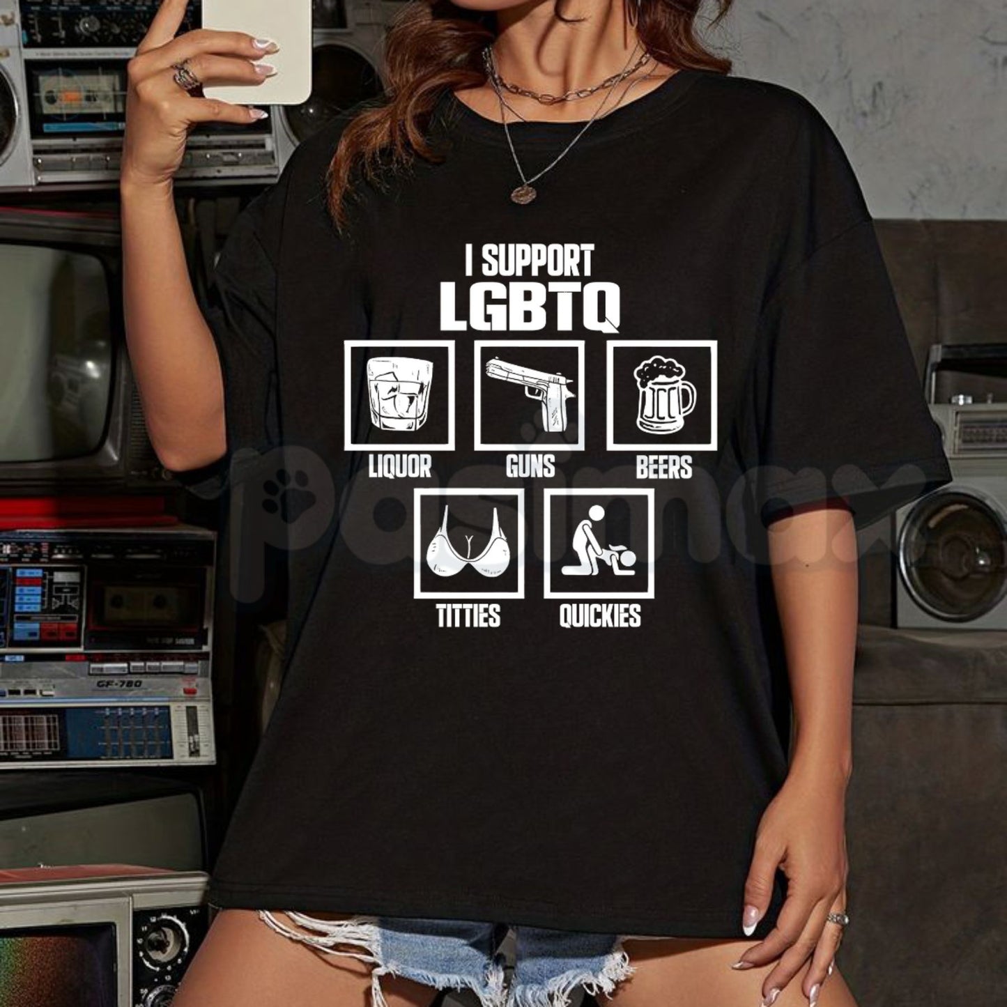 "I Support LGBTQ" Funny Acronym T-Shirt – Liquor Guns Bacon Titties Quickies Tee, Premium 100% Cotton Sarcastic Beer & Bacon Top, Soft Lived-In Heavyweight Rowdy Meme Shirt, Made in USA