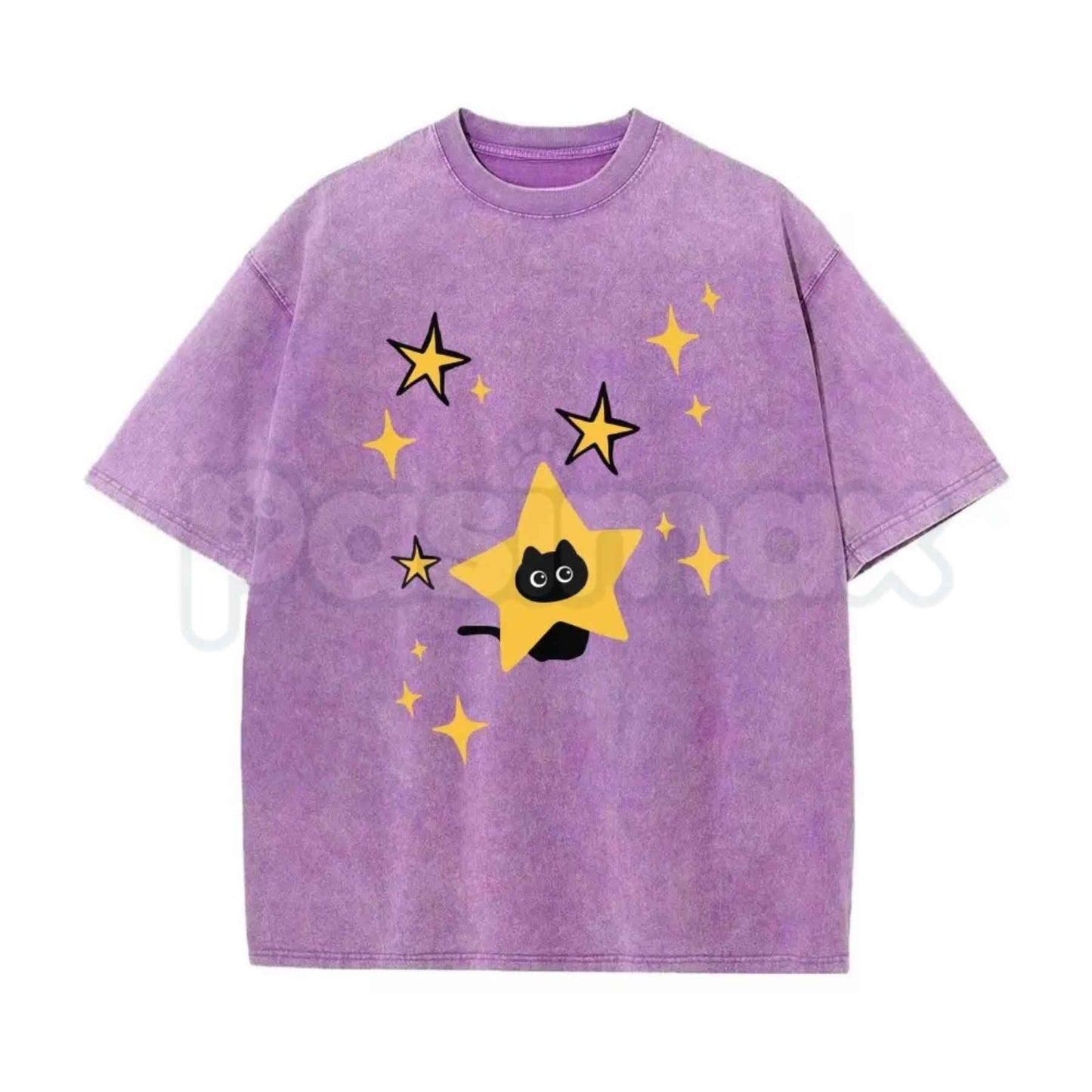 Black Cartoon Kitten and Five-Pointed Star Graphic Washed T-Shirt – Y2K Alt Gothic Cat Graphic Tee, Vintage Washed Lightweight Cotton Unisex Top