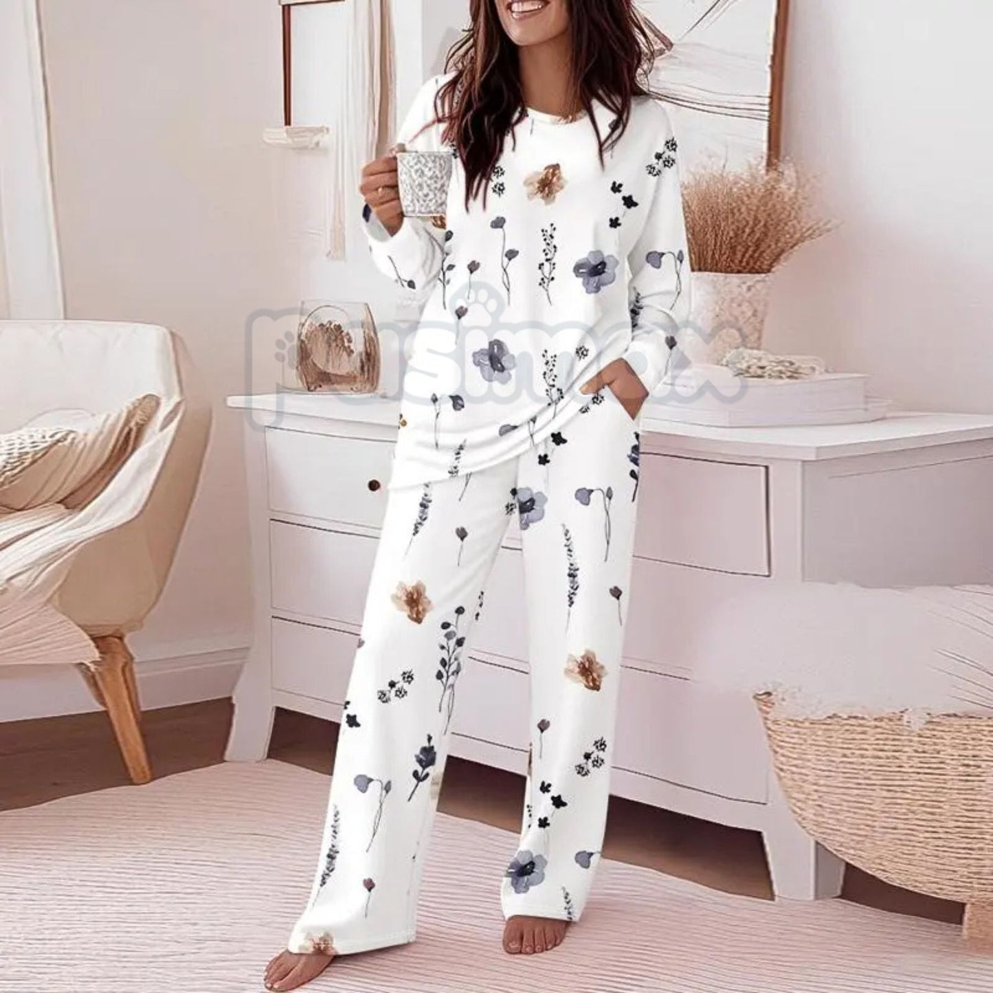 ChicMe Women's Floral Print Lounge Set - Long Sleeve Top & Casual Pants with Pockets, Comfortable Home Wear