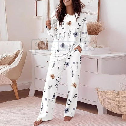ChicMe Women's Floral Print Lounge Set - Long Sleeve Top & Casual Pants with Pockets, Comfortable Home Wear