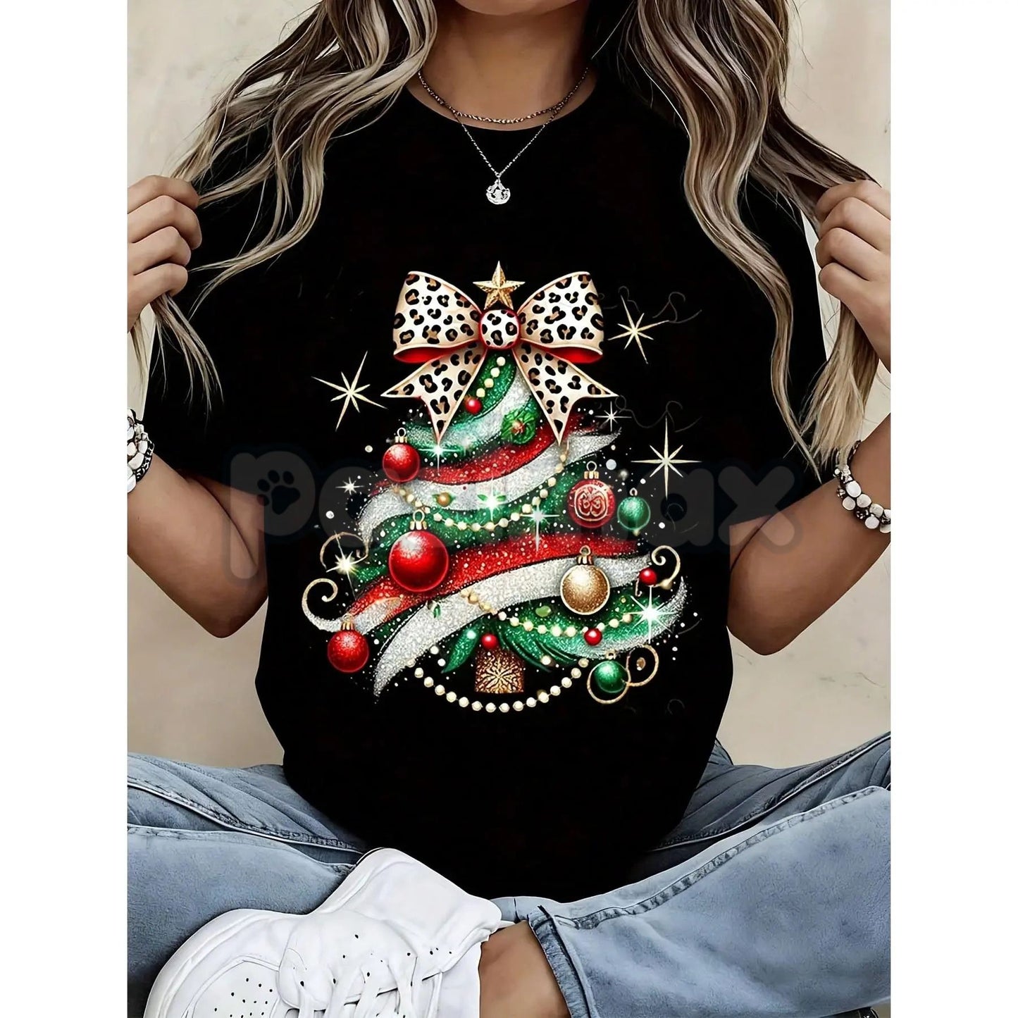Christmas Tree Print Women's T-Shirt - Leopard Bow & Sparkle Design Holiday Top, Trendy Festive Apparel, Stylish Christmas Gift