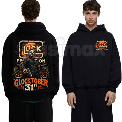 Michael Myers Glocktober 31st Double-Sided Graphic Hoodie – Halloween Horror Tactical Slasher Pullover, Spooky Season Gun Humor Sweatshirt, Unisex Heavy Blend