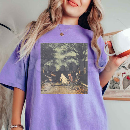 Comfort Colors® Dark Gothic Halloween T-Shirt – Vintage Witch Skeleton & Pumpkin Graphic Tee, Dark Fantasy Unisex Top & Gift