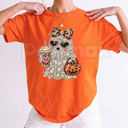 Faux-Stone Ghost Graphic T-Shirt – Women's Vintage Spooky Cotton Tee
