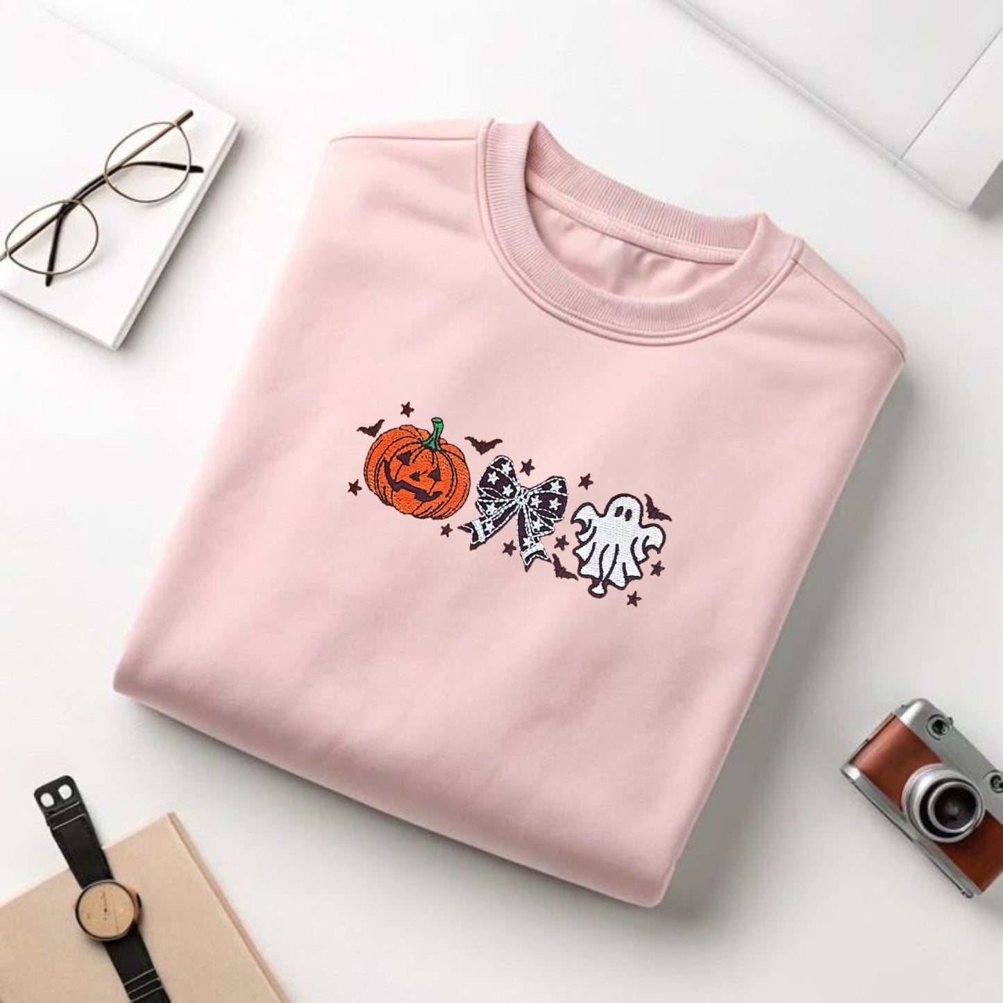 Cutesy Spooky Bows T-Shirt – Embroidered, Relaxed Fit Tee with Ghost & Spiderweb Design