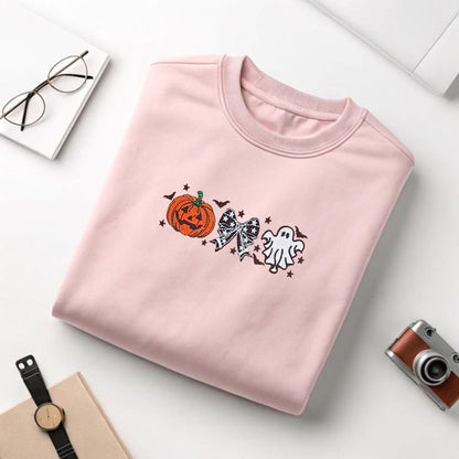 Cutesy Spooky Bows T-Shirt – Embroidered, Relaxed Fit Tee with Ghost & Spiderweb Design