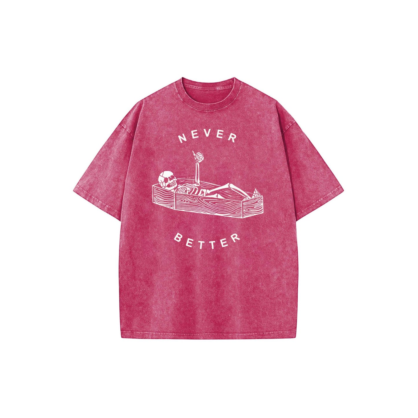 "Never Better" Skeleton Round Neck Acid Washed T-Shirt – Casual Comfort for Everyday Wear