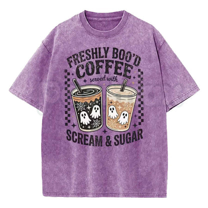 Funny Scream And Sugar Ghost Coffee Artwork Washed Shirt – Retro Horror Movie Parody Graphic Tee, Vintage Acid Wash Lightweight Cotton Unisex Top