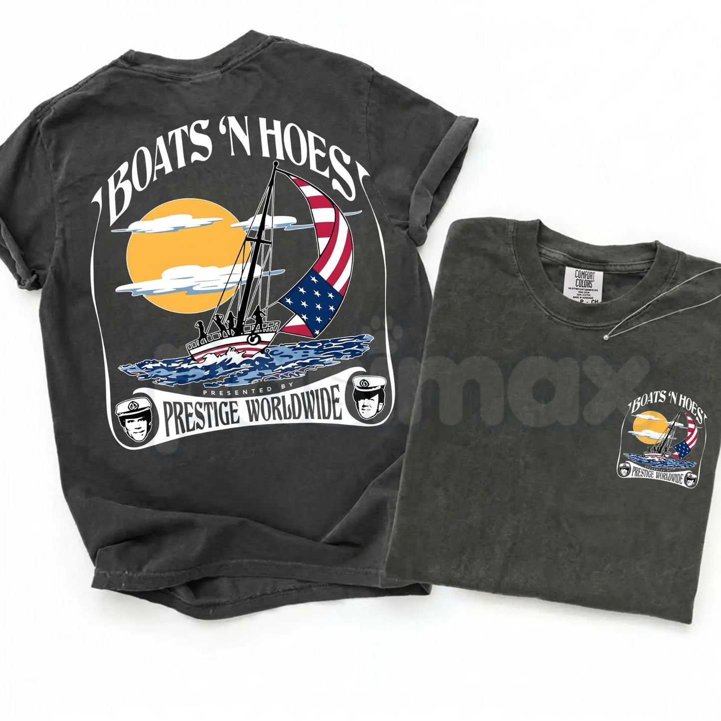 Comfort Colors® "Boats and Hoez" T-Shirt – Retro Step Brothers Movie Graphic Tee, Prestige Worldwide Yacht Party Shirt, Funny Cult Classic Comedy Top