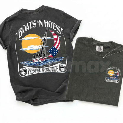 Comfort Colors® "Boats and Hoez" T-Shirt – Retro Step Brothers Movie Graphic Tee, Prestige Worldwide Yacht Party Shirt, Funny Cult Classic Comedy Top
