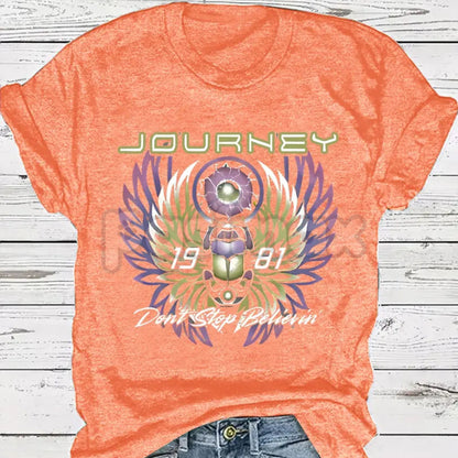 "Don't Stop Believin'" 1981 Vintage Print T-Shirt – Journey Band Inspired Graphic Tee, Premium 100% Cotton Retro Rock Top, Soft Lived-In Heavyweight Midnight Train Shirt, Made in USA