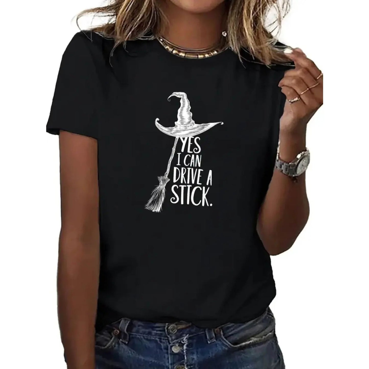 "Yes I Can Drive a Stick" Witch T-Shirt - Funny Halloween Graphic Tee, Women's All-Season Apparel