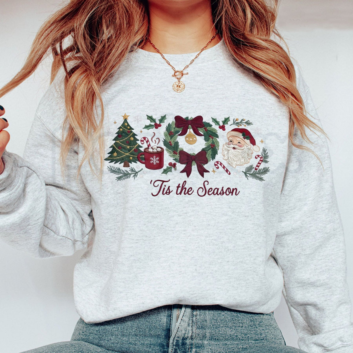 Christmas Gingham "Tis the Season" Embroidered Sweatshirt – Santa Wreath Tree Crewneck