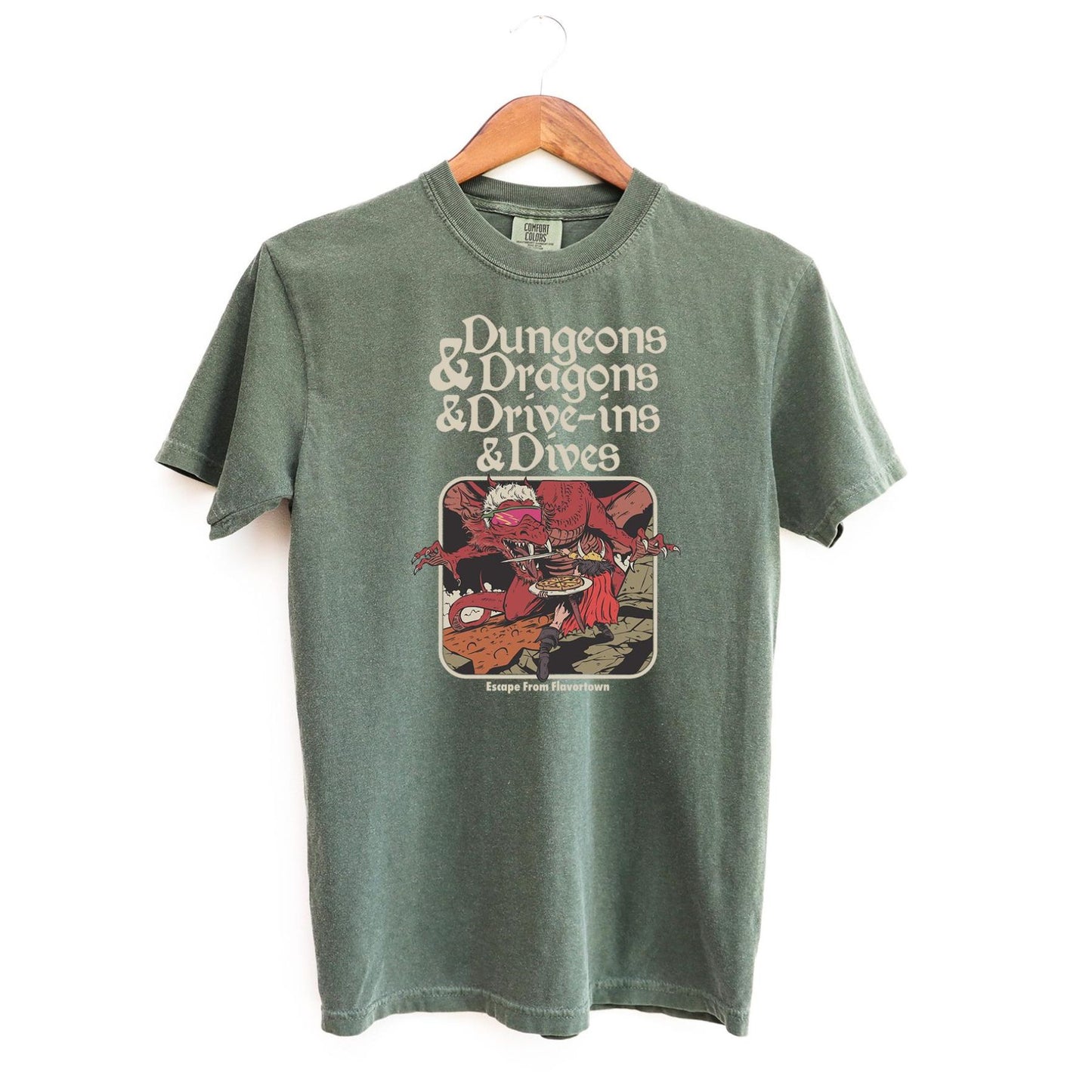 Vintage Food & Fantasy Tee – Dungeons and Dragons and Drive-Ins T-Shirt, Funny Comfort Colors Shirt, Retro Gamer Top, Fantasy RPG Gift