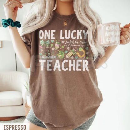 Comfort Colors® One Lucky Teacher St. Patrick's Day T-Shirt – "Fueled By Coffee and Shenanigans" Tee, Retro Shamrock Teacher Shirt, Lucky Educator Graphic Top